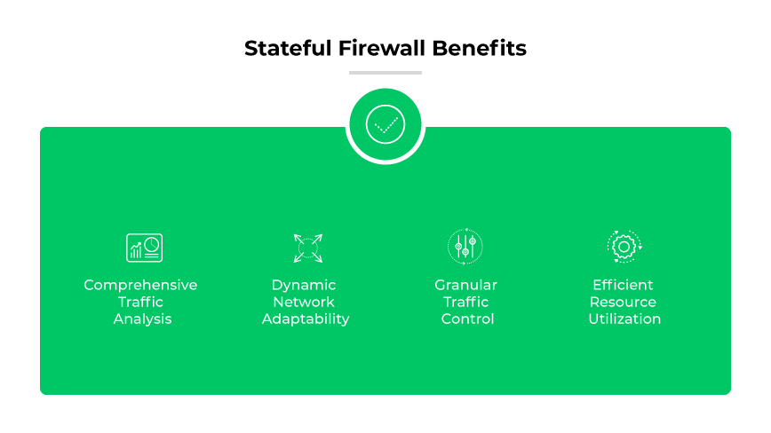Stateful firewall benefits: traffic analysis, dynamic network adaptability, granular traffic control, resource efficiency