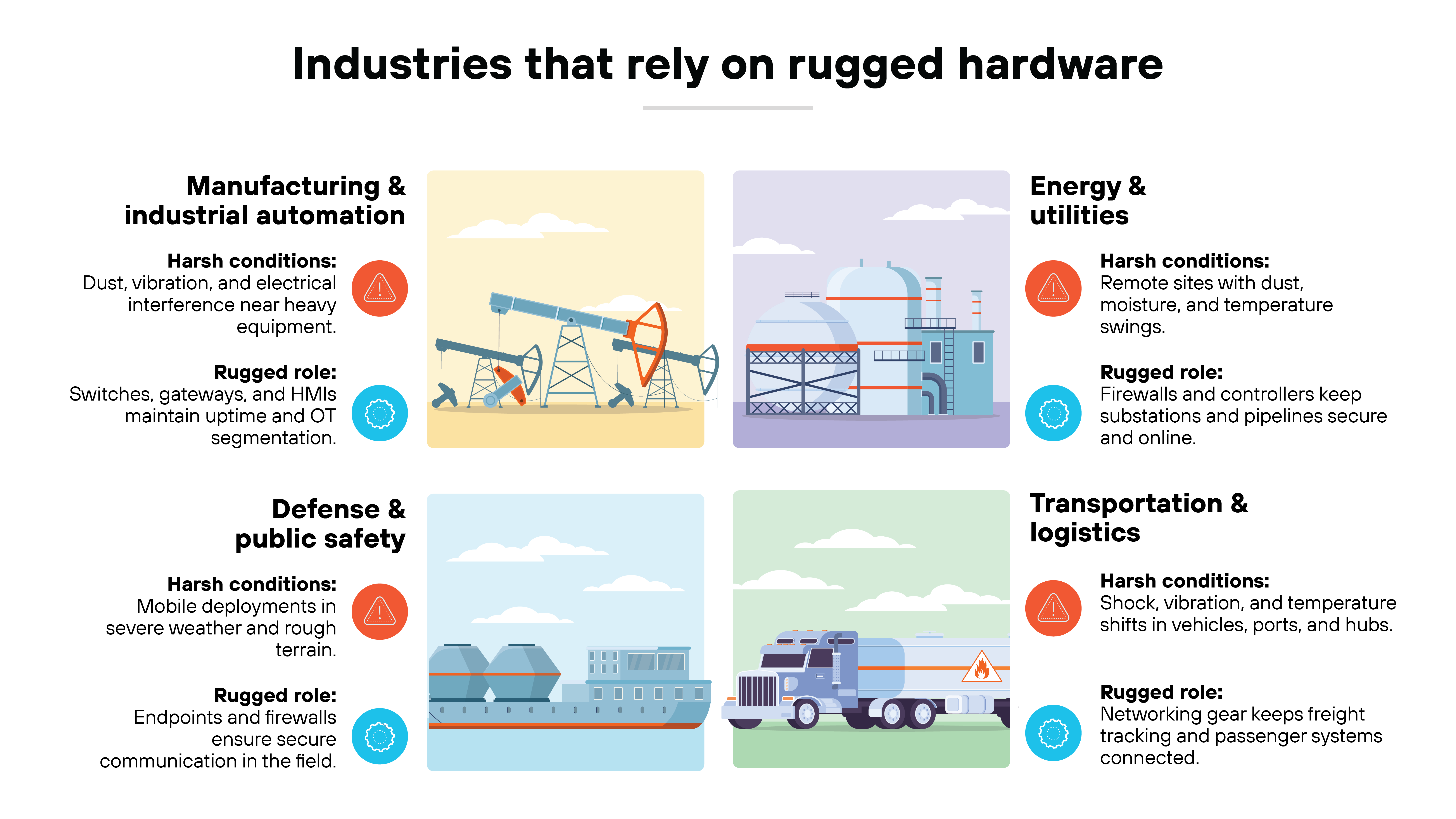 Bold black text at the top center reads 'Industries that rely on rugged hardware.' Four illustrated panels are arranged in a grid with associated text on either side. The top left section has the heading 'Manufacturing & industrial automation' with bold subheading 'Harsh conditions:' followed by 'Dust, vibration, and electrical interference near heavy equipment.' Another bold subheading 'Rugged role:' is followed by 'Switches, gateways, and HMIs maintain uptime and OT segmentation.' To the right is an illustration of oil pumps in a desert landscape. The top right section has the heading 'Energy & utilities' with bold subheading 'Harsh conditions:' followed by 'Remote sites with dust, moisture, and temperature swings.' Another bold subheading 'Rugged role:' is followed by 'Firewalls and controllers keep substations and pipelines secure and online.' To the left of the text is an illustration of utility infrastructure with large domed tanks and smokestacks. The bottom left section has the heading 'Defense & public safety' with bold subheading 'Harsh conditions:' followed by 'Mobile deployments in severe weather and rough terrain.' Another bold subheading 'Rugged role:' is followed by 'Endpoints and firewalls ensure secure communication in the field.' To the right is an illustration of a military-style ship with mounted equipment. The bottom right section has the heading 'Transportation & logistics' with bold subheading 'Harsh conditions:' followed by 'Shock, vibration, and temperature shifts in vehicles, ports, and hubs.' Another bold subheading 'Rugged role:' is followed by 'Networking gear keeps freight tracking and passenger systems connected.' To the left is an illustration of a large tanker truck on a road. Each 'Harsh conditions' label is paired with an orange triangular hazard icon, and each 'Rugged role' label is paired with a blue gear icon.